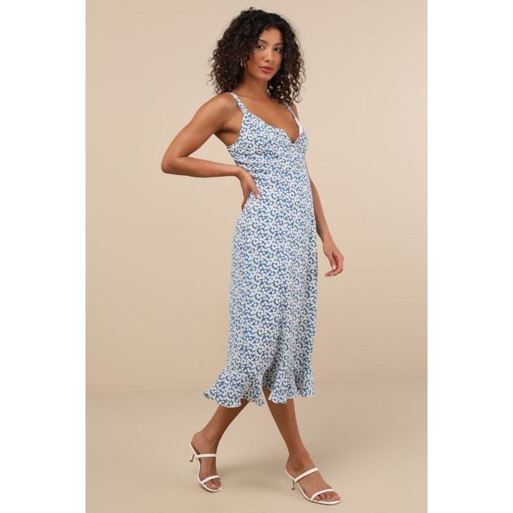 Lulus Darling Daisies Blue Floral Print Midi Dress - Size M